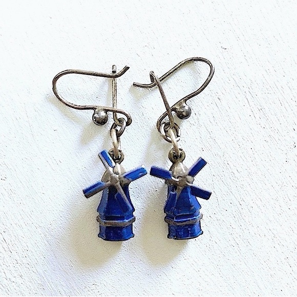 Vintage Jewelry - Vintage Scandinavian Silver Tone Blue Enamel Windmills Pierced Earrings